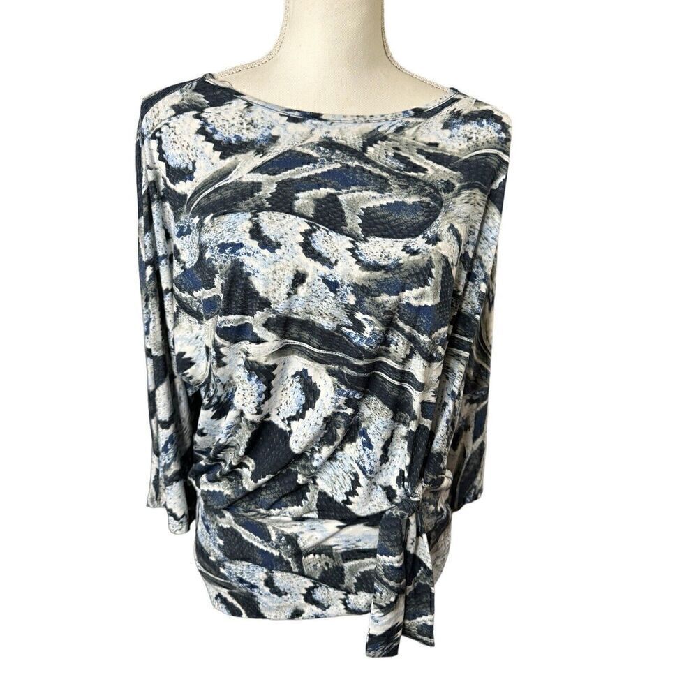 Clara Sun Woo Top Large Blue White Gray 3/4 Sleeve Stretch Knit Boxy Front Tie M